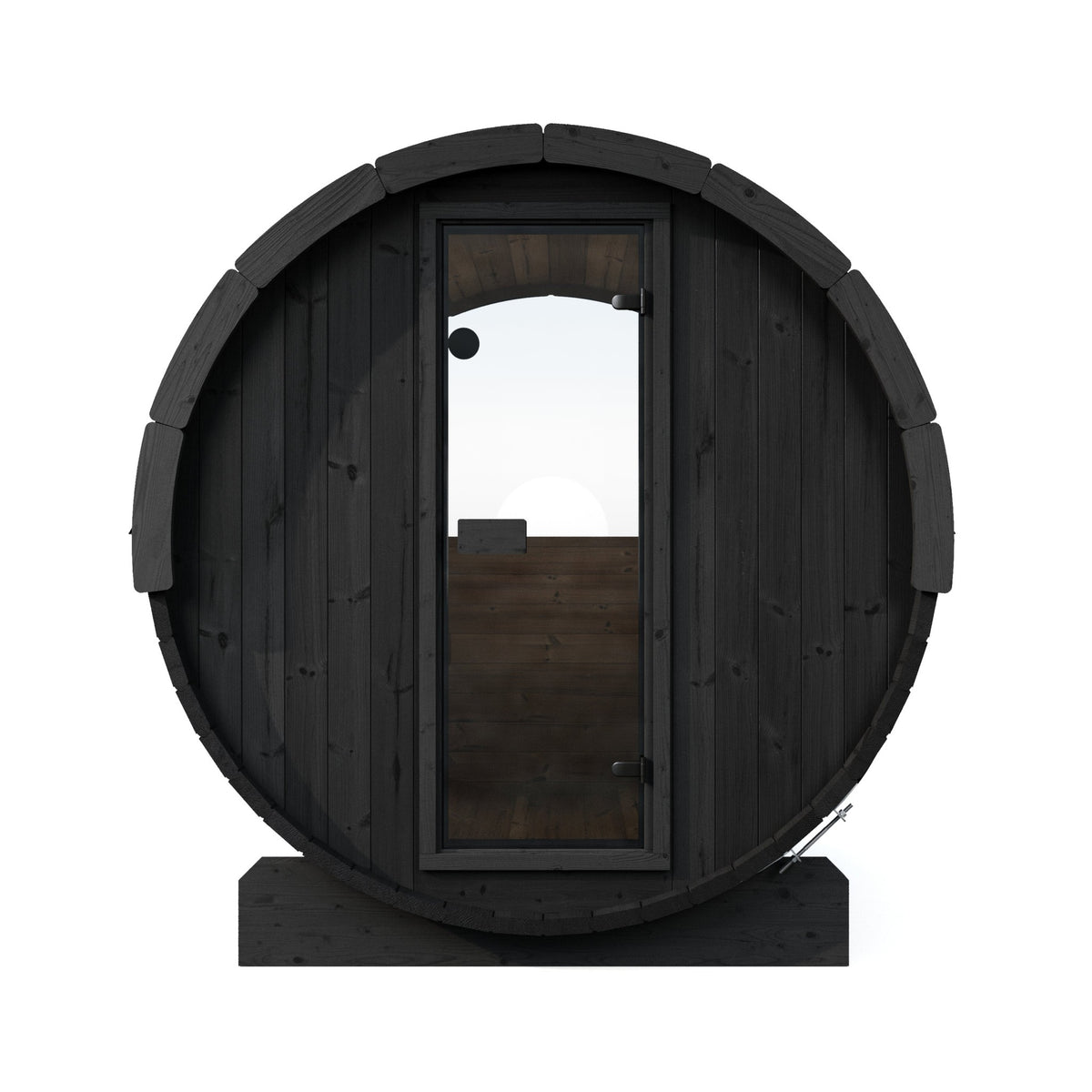 SaunaLife E8W Ergo Series 6-Person Outdoor Barrel Sauna Kit, Rear Window, black finish, front elevation
