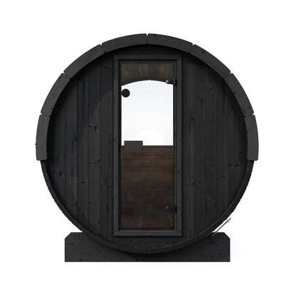 SaunaLife E8W Ergo Series 6-Person Outdoor Barrel Sauna Kit, Rear Window, black finish, front elevation