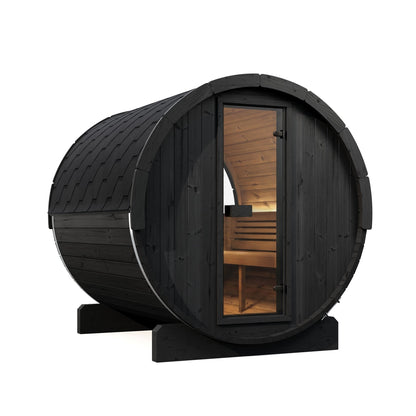 SaunaLife E8W Ergo Series 6-Person Outdoor Barrel Sauna Kit, Rear Window, black finish, with the interior lit