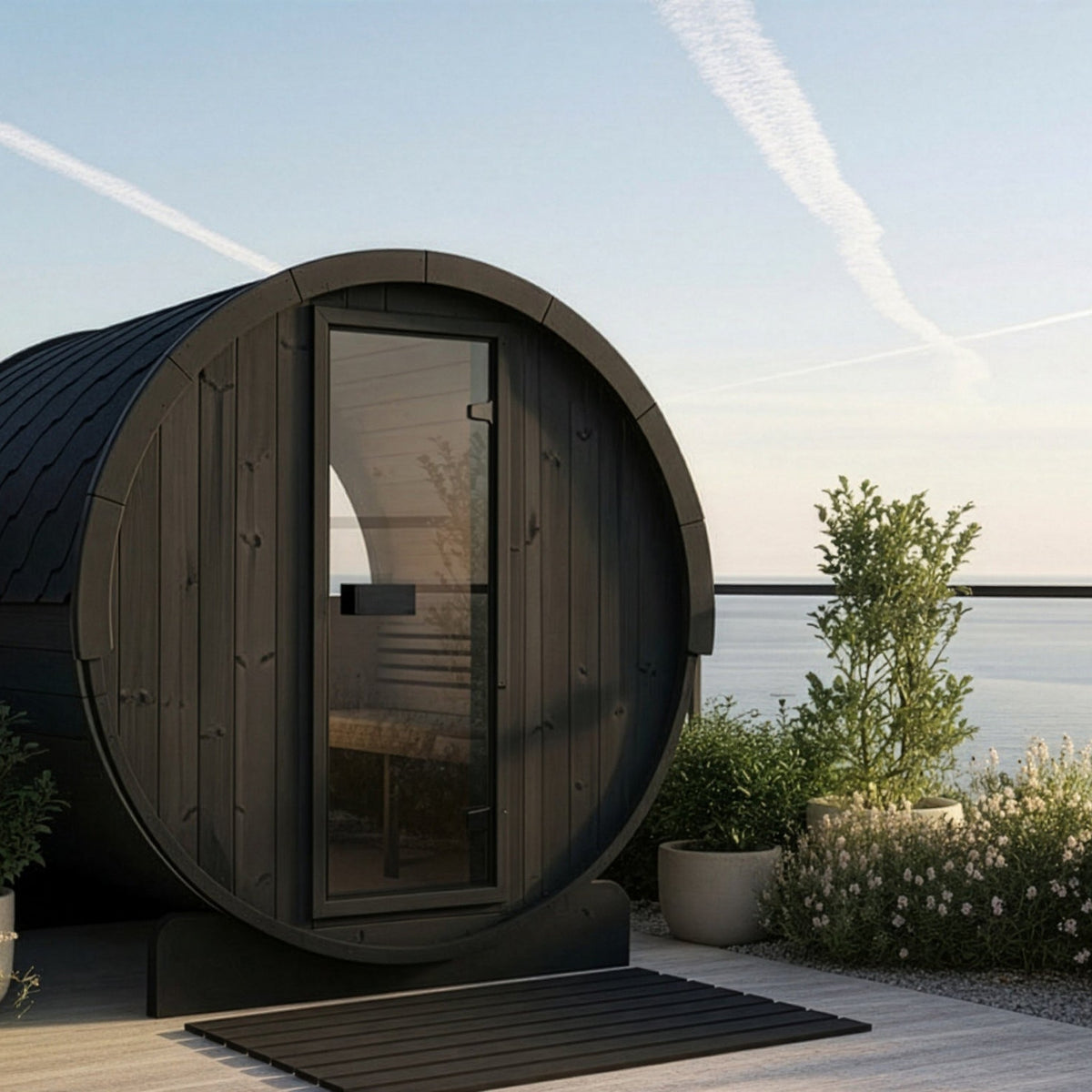 SaunaLife E8W Ergo Series 6-Person Outdoor Barrel Sauna Kit, Rear Window, black finish, on a terrace above the sea