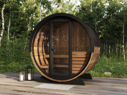 SaunaLife EE6G Ergo Elegance 4-Person Outdoor Barrel Sauna Kit, Glass Front, installed view 7