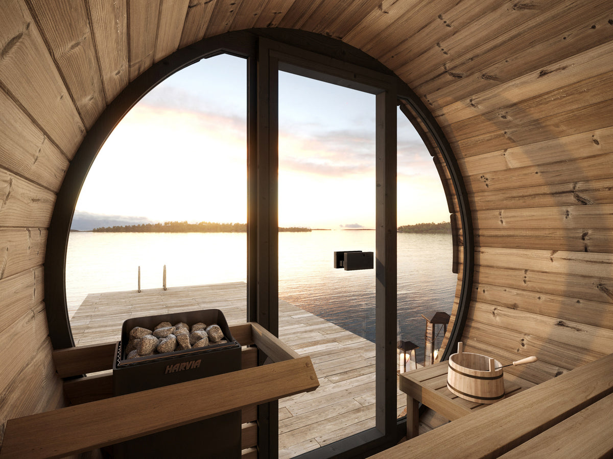 SaunaLife EE6G Ergo Elegance 4-Person Outdoor Barrel Sauna Kit, Glass Front, installed view 8