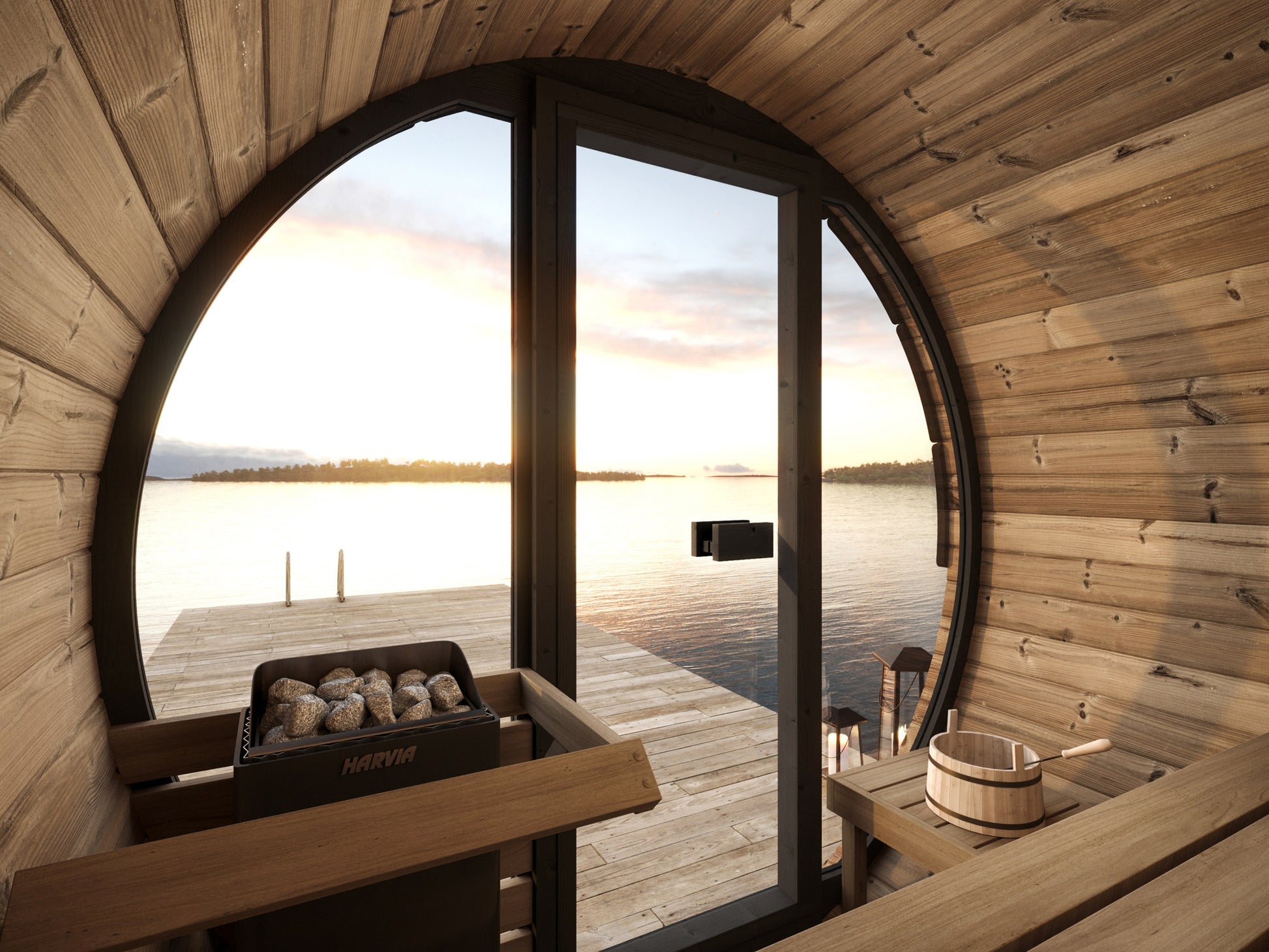 SaunaLife EE6G Ergo Elegance 4-Person Outdoor Barrel Sauna Kit, Glass Front, installed view 8