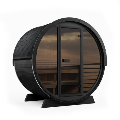 SaunaLife EE6G Ergo Elegance 4-Person Outdoor Barrel Sauna Kit, Glass Front, black finish, three quarter view