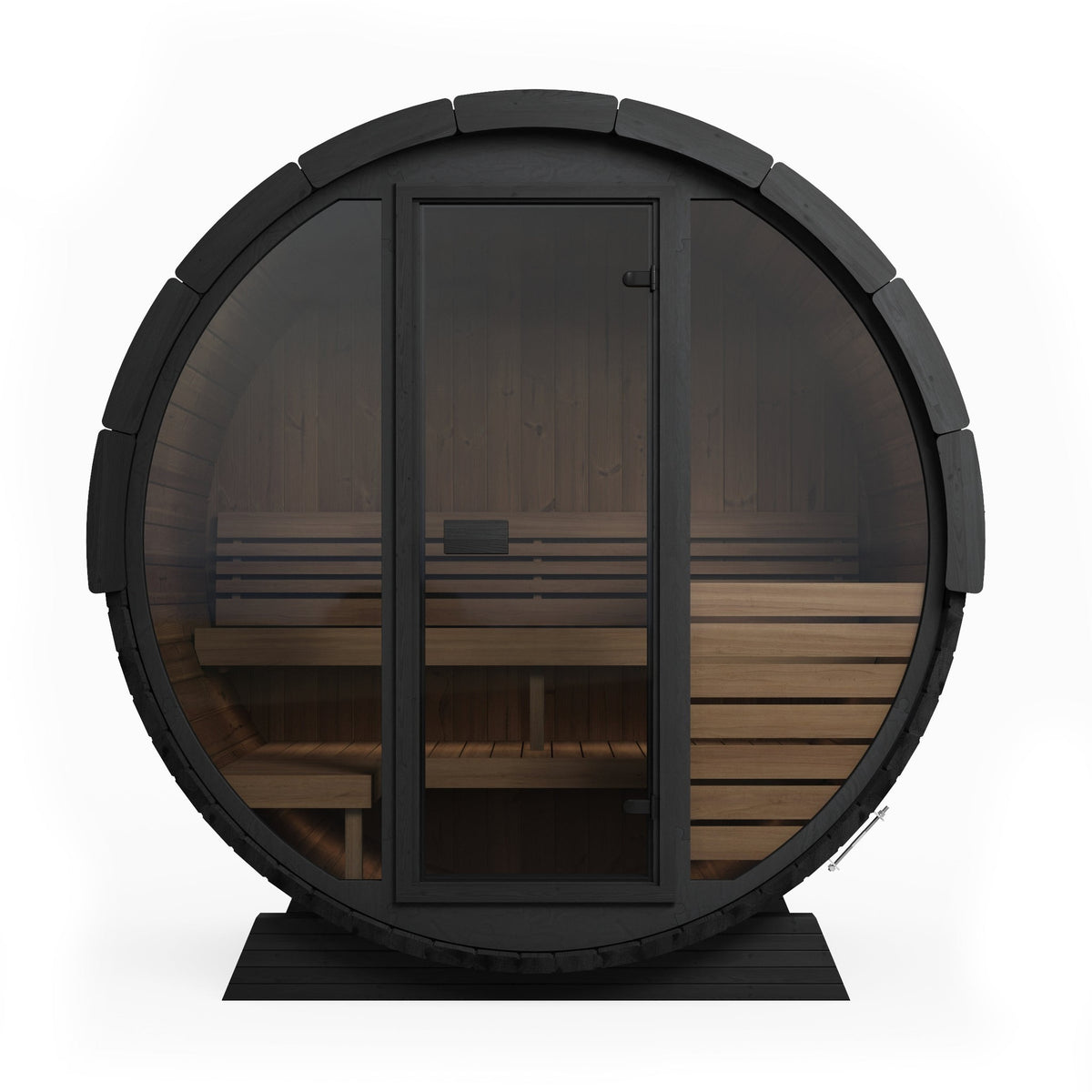 SaunaLife EE6G Ergo Elegance 4-Person Outdoor Barrel Sauna Kit, Glass Front, black finish, front elevation