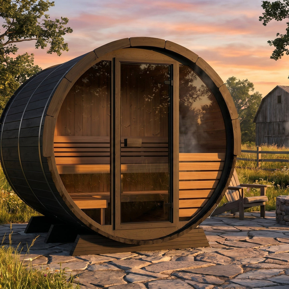 SaunaLife EE6G Ergo Elegance 4-Person Outdoor Barrel Sauna Kit, Glass Front, black finish, in a meadow at sunset