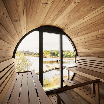 SaunaLife EE8G Ergo Elegance 6-Person Outdoor Barrel Sauna Kit, Glass Front, installed view 8