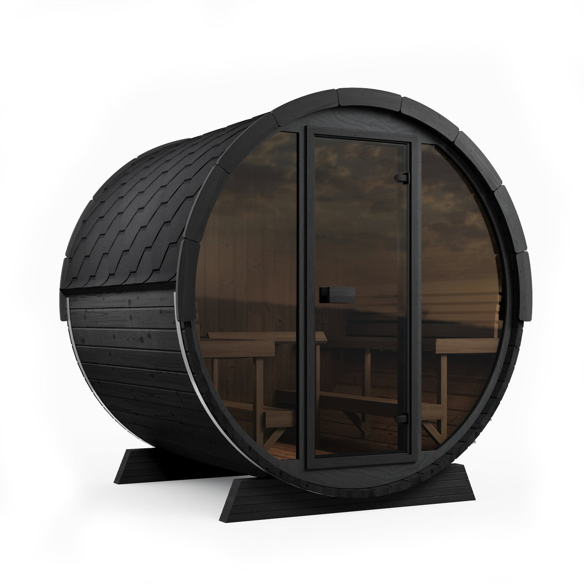 SaunaLife EE8G Ergo Elegance 6-Person Outdoor Barrel Sauna Kit, Glass Front, black finish, three quarter view