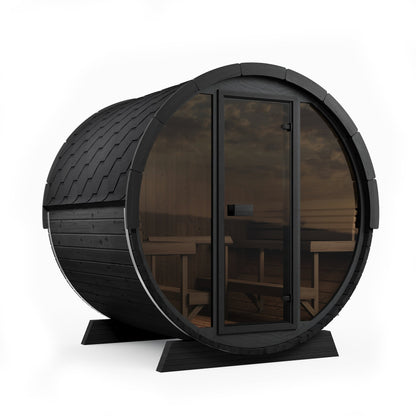 SaunaLife EE8G Ergo Elegance 6-Person Outdoor Barrel Sauna Kit, Glass Front, black finish, three quarter view