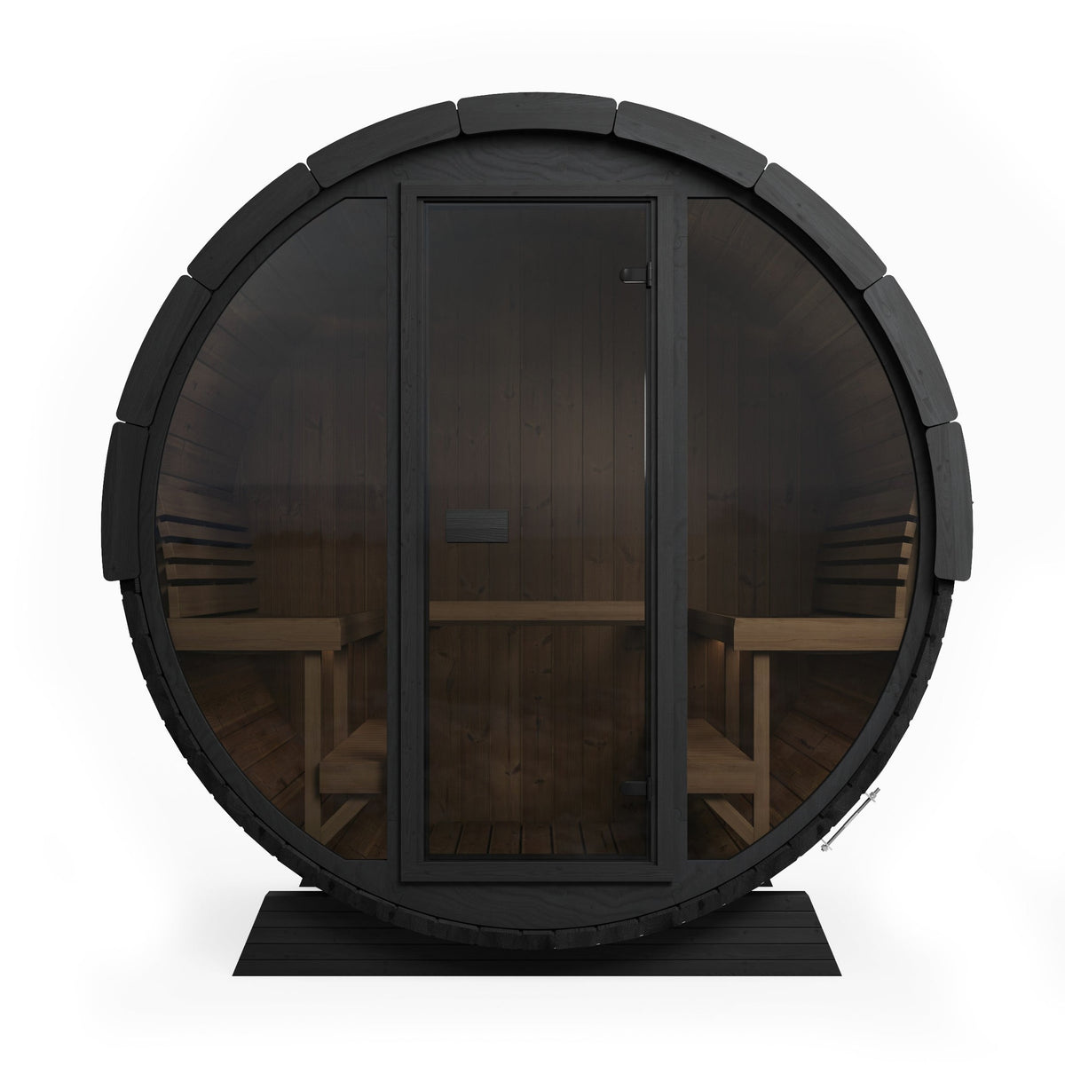 SaunaLife EE8G Ergo Elegance 6-Person Outdoor Barrel Sauna Kit, Glass Front, black finish, front elevation