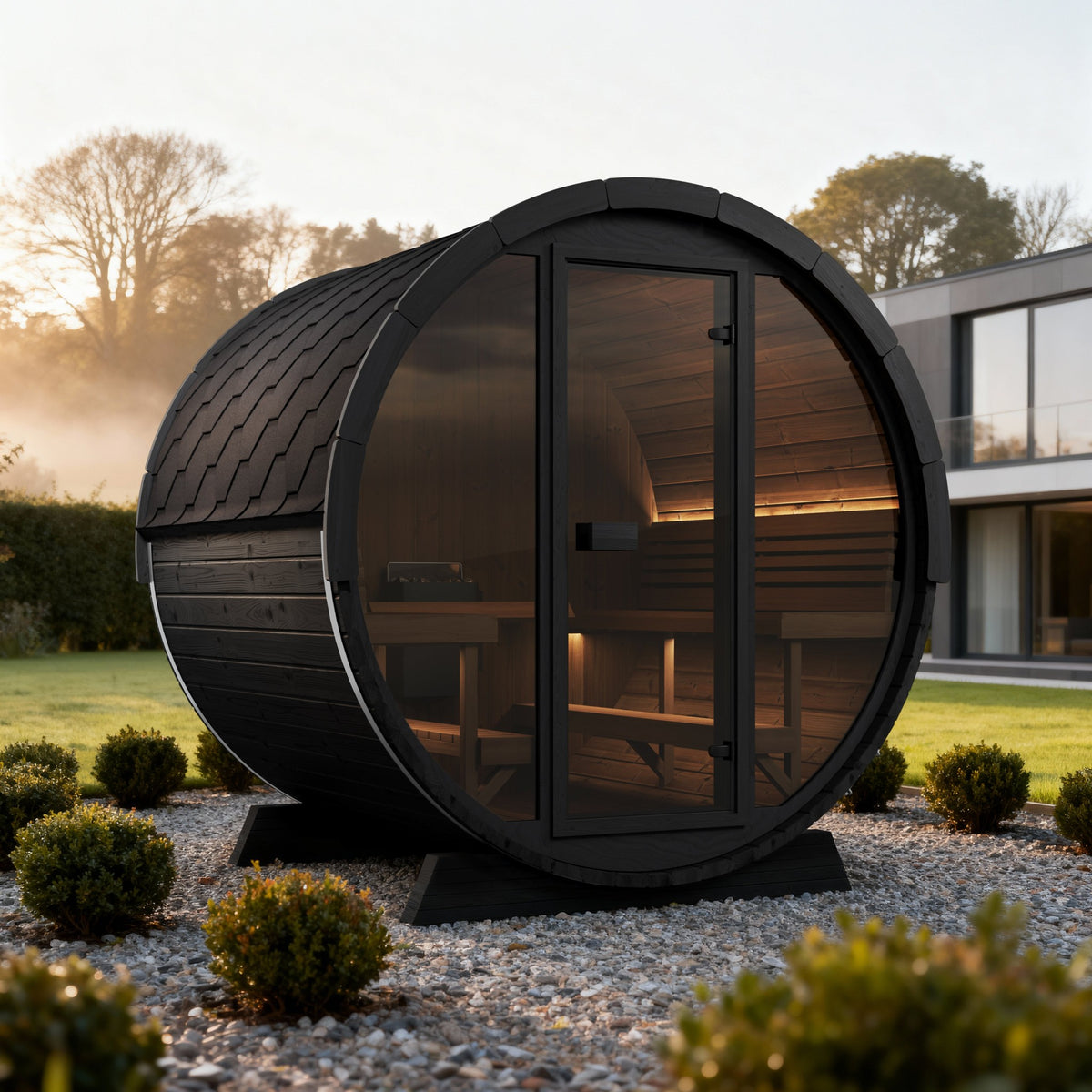 SaunaLife EE8G Ergo Elegance 6-Person Outdoor Barrel Sauna Kit, Glass Front, black finish, on a lawn in morning mist