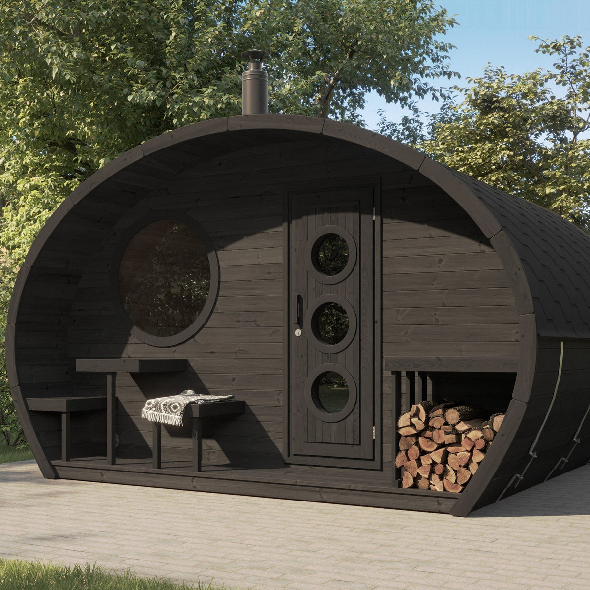 SaunaLife G11 Garden Series 8-Person Outdoor Sauna Kit, black finish, on paving beside a lawn