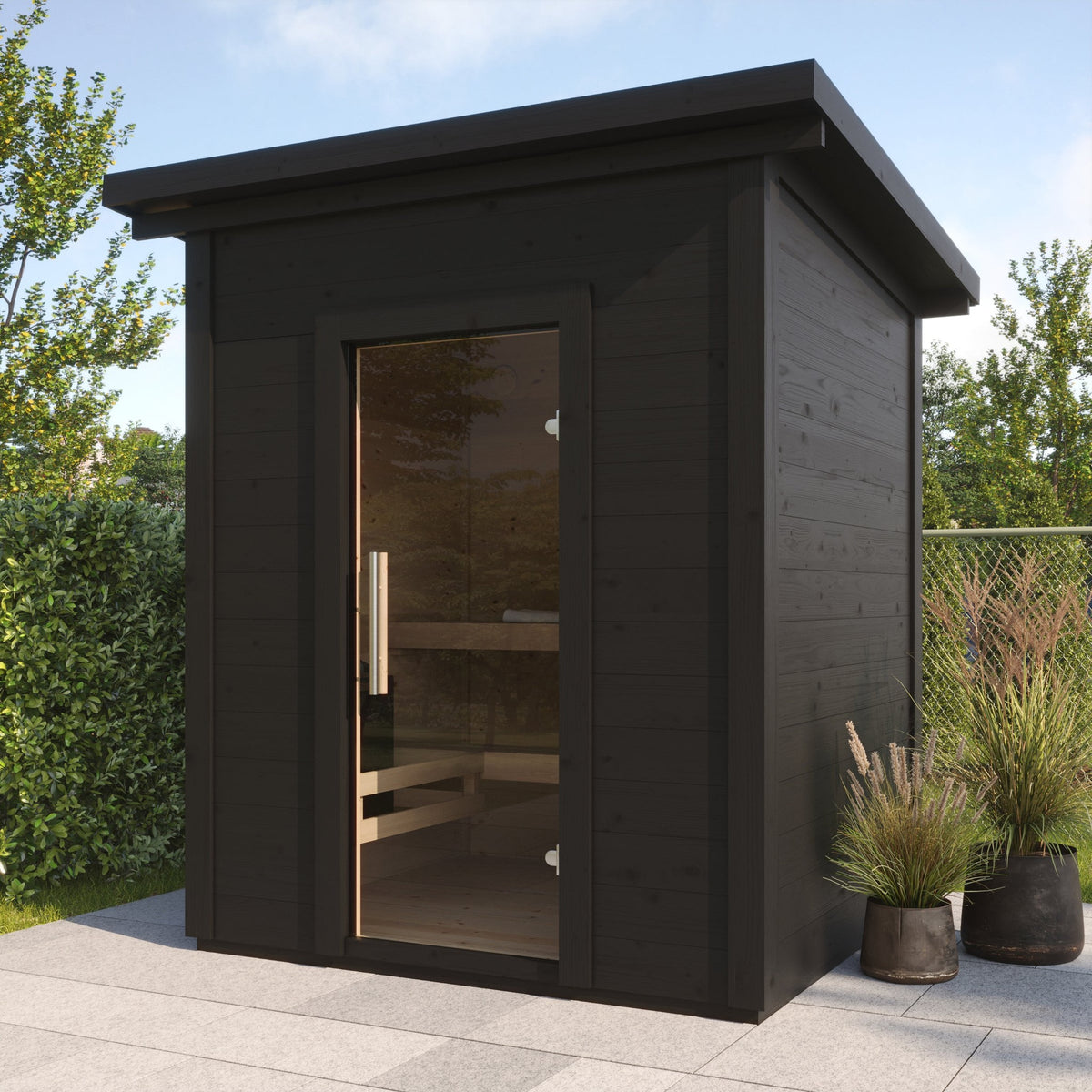 SaunaLife G2 Garden Series 4-Person Outdoor Sauna Kit, black finish, on a paved patio
