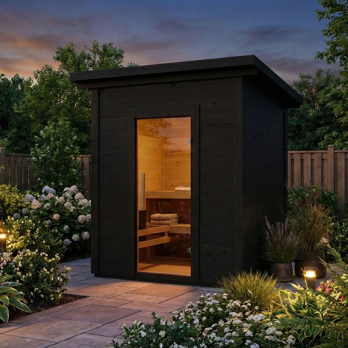 SaunaLife G2 Garden Series 4-Person Outdoor Sauna Kit, black finish, in a garden at dusk