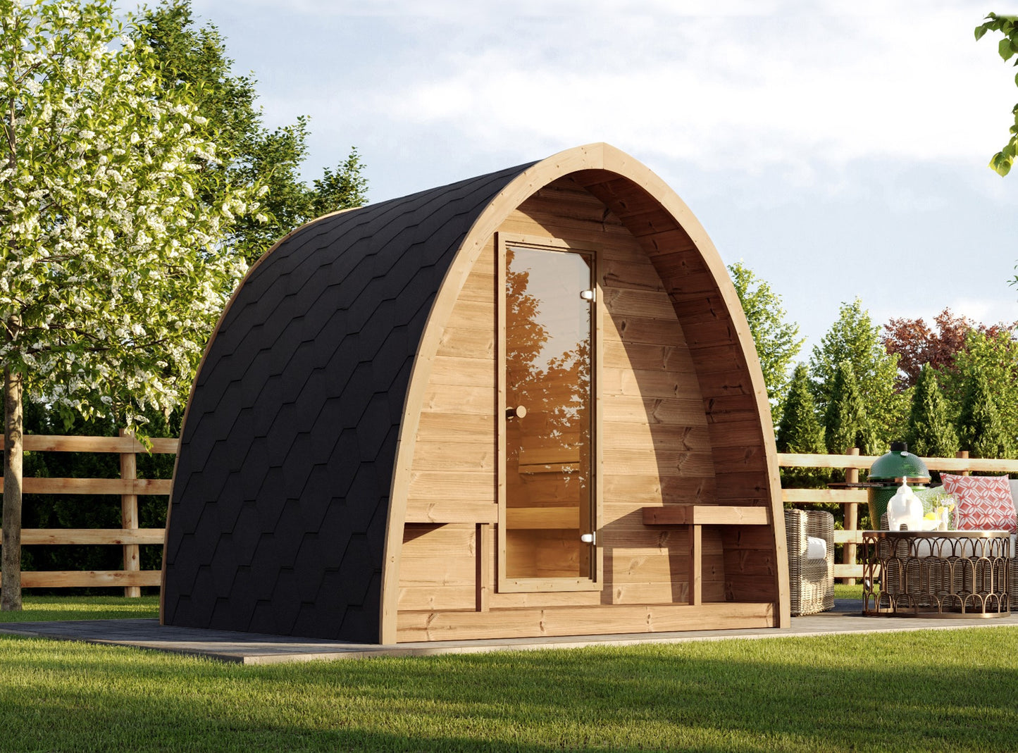 SaunaLife G3 Garden Series Outdoor Sauna Kit, Arched Roof, installed view 6
