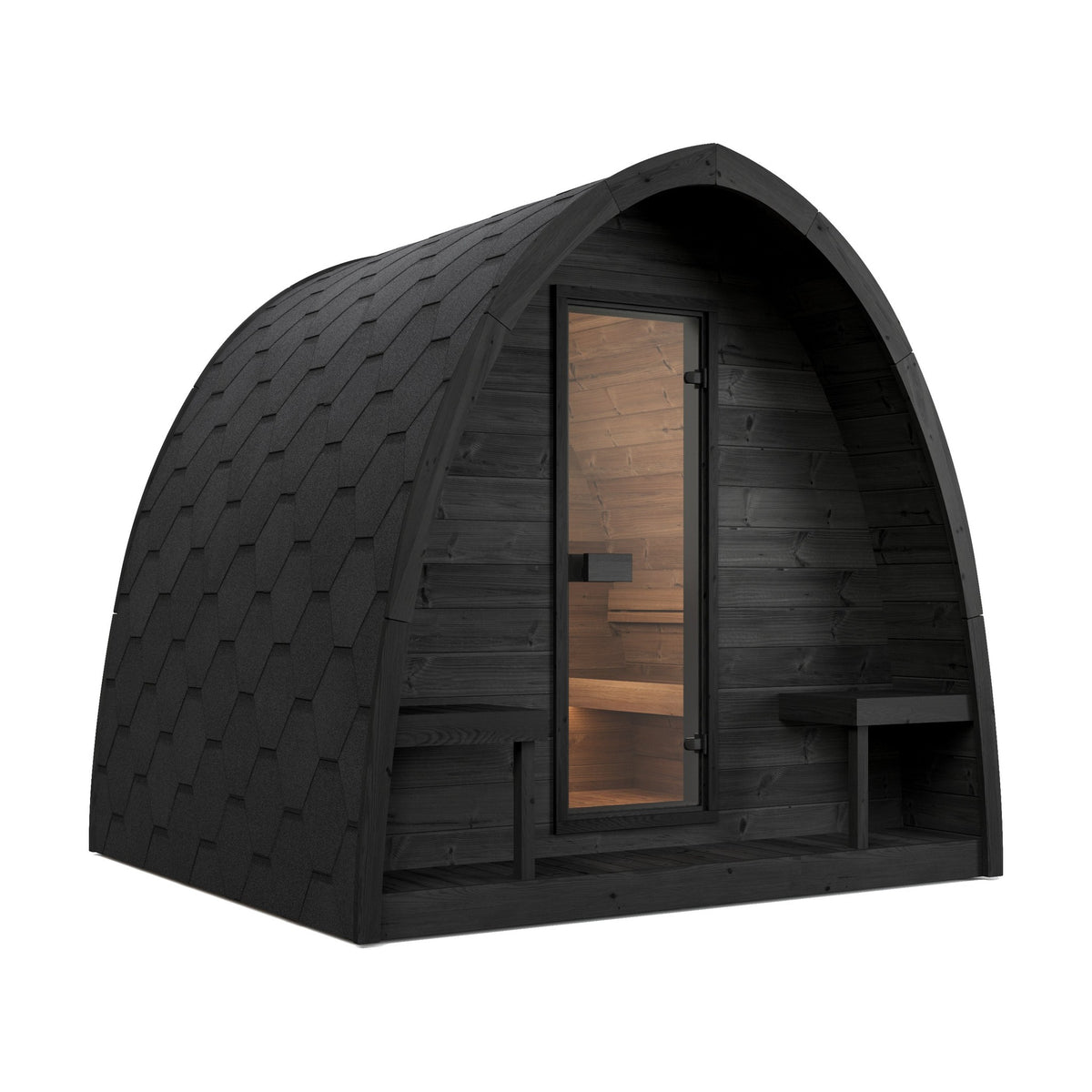 SaunaLife G3 Garden Series Outdoor Sauna Kit, Arched Roof, black finish, three quarter view