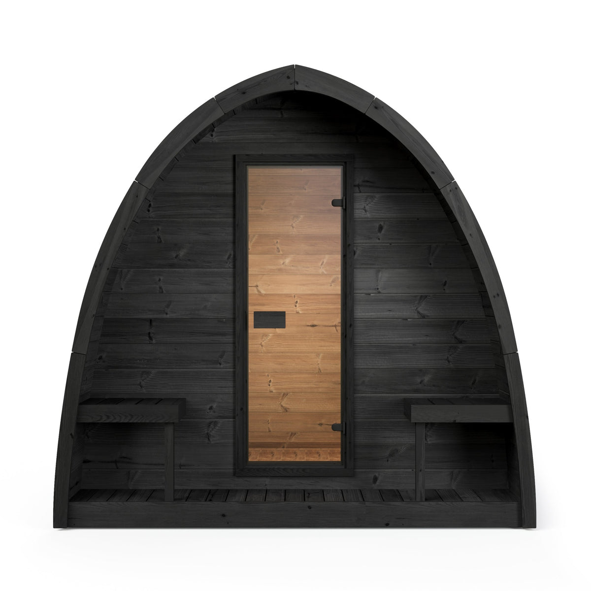 SaunaLife G3 Garden Series Outdoor Sauna Kit, Arched Roof, black finish, front elevation