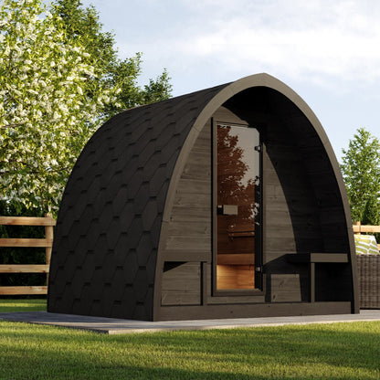 SaunaLife G3 Garden Series Outdoor Sauna Kit, Arched Roof, black finish, on a lawn with the door open