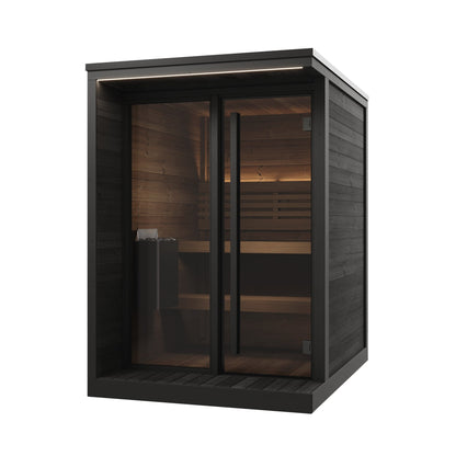 SaunaLife GL4 Garden Luxury 4-Person Outdoor Sauna Kit, black finish, three quarter view