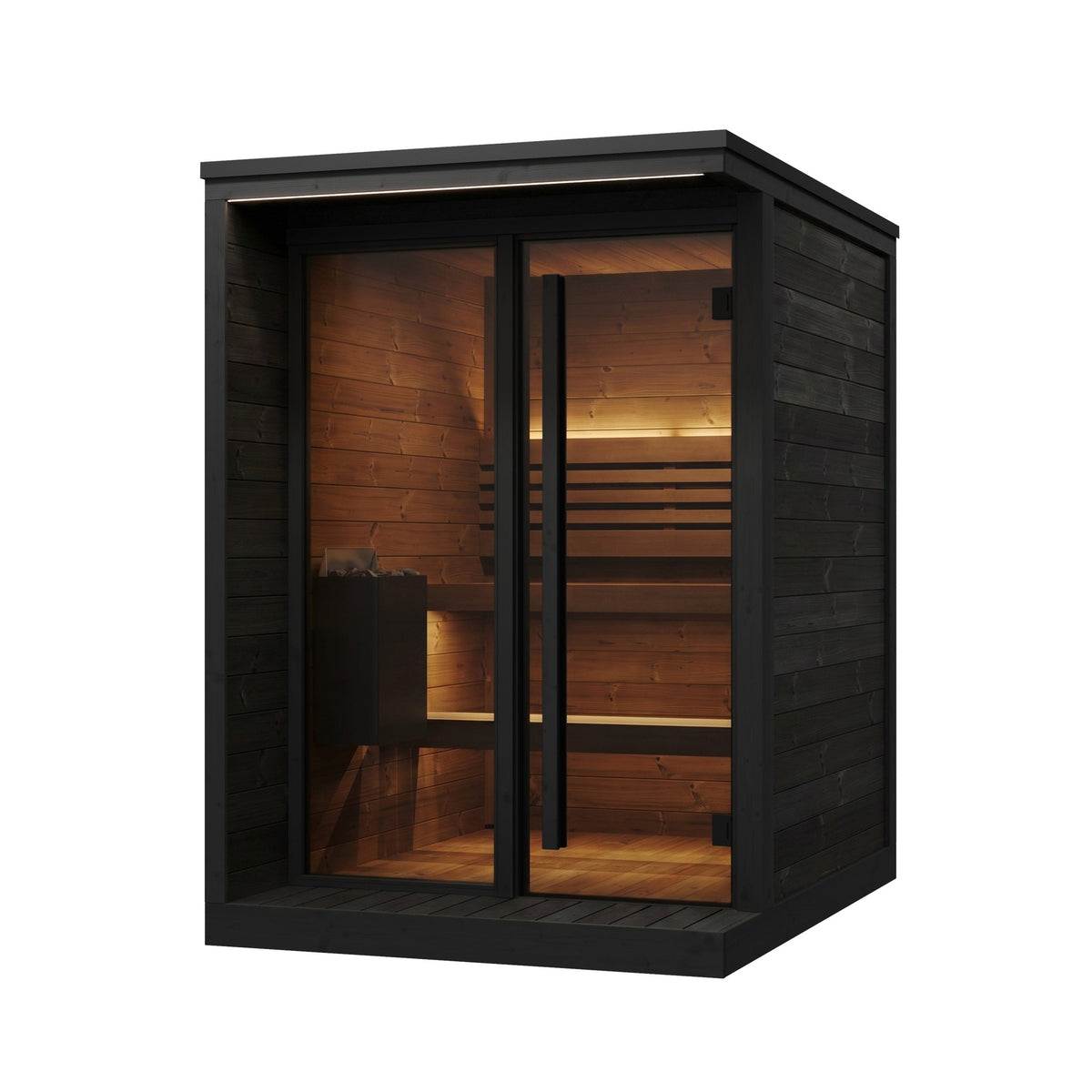 SaunaLife GL4 Garden Luxury 4-Person Outdoor Sauna Kit, black finish, with the LED lighting on