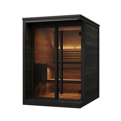 SaunaLife GL4 Garden Luxury 4-Person Outdoor Sauna Kit, black finish, with the LED lighting on