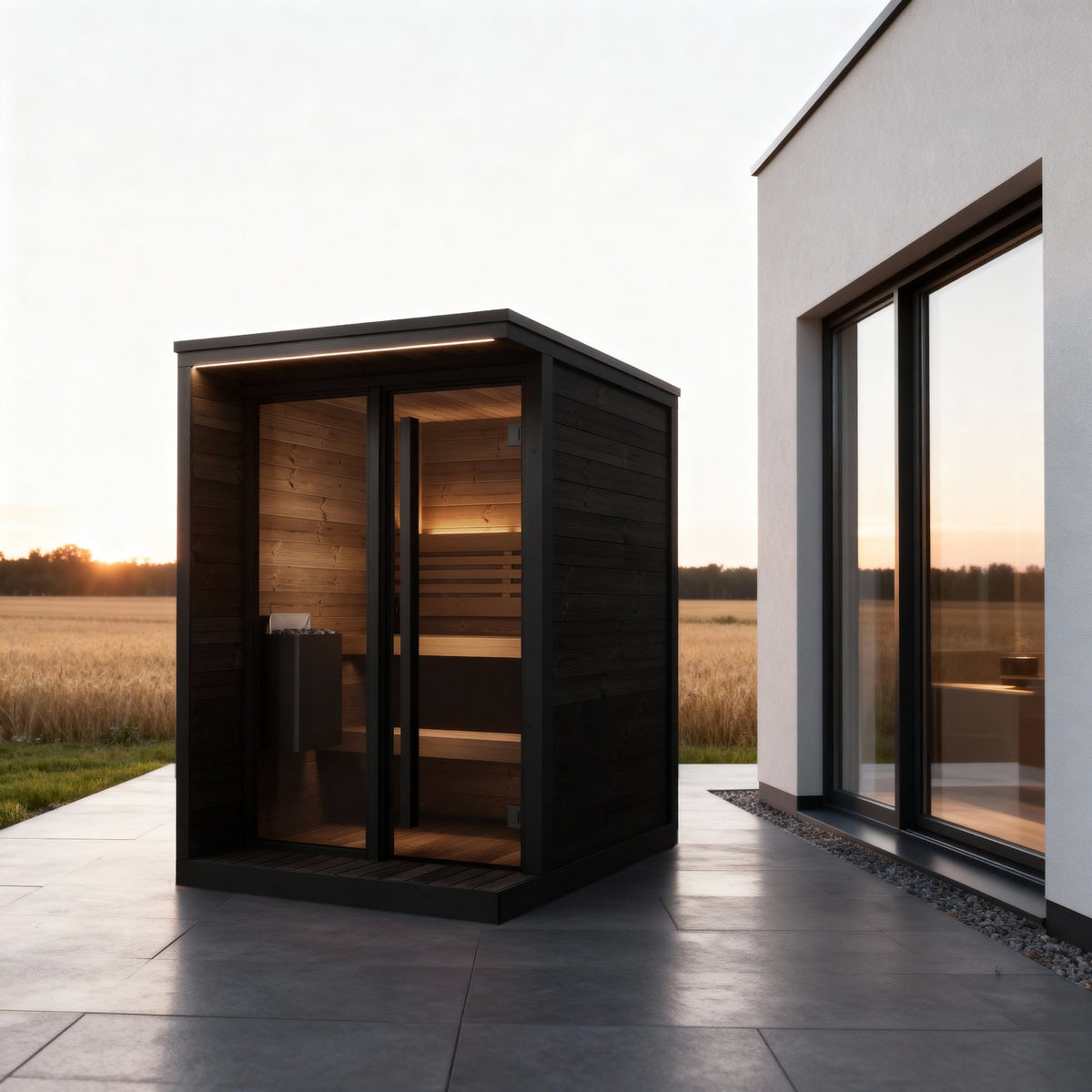 SaunaLife GL4 Garden Luxury 4-Person Outdoor Sauna Kit, black finish, at sunset with fields behind