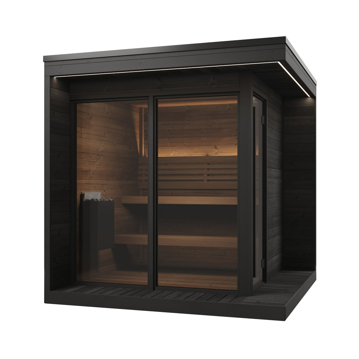 SaunaLife GL6 Garden Luxury 6-Person Outdoor Sauna Kit, black finish, three quarter view