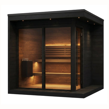SaunaLife GL6 Garden Luxury 6-Person Outdoor Sauna Kit, black finish, with the LED lighting on