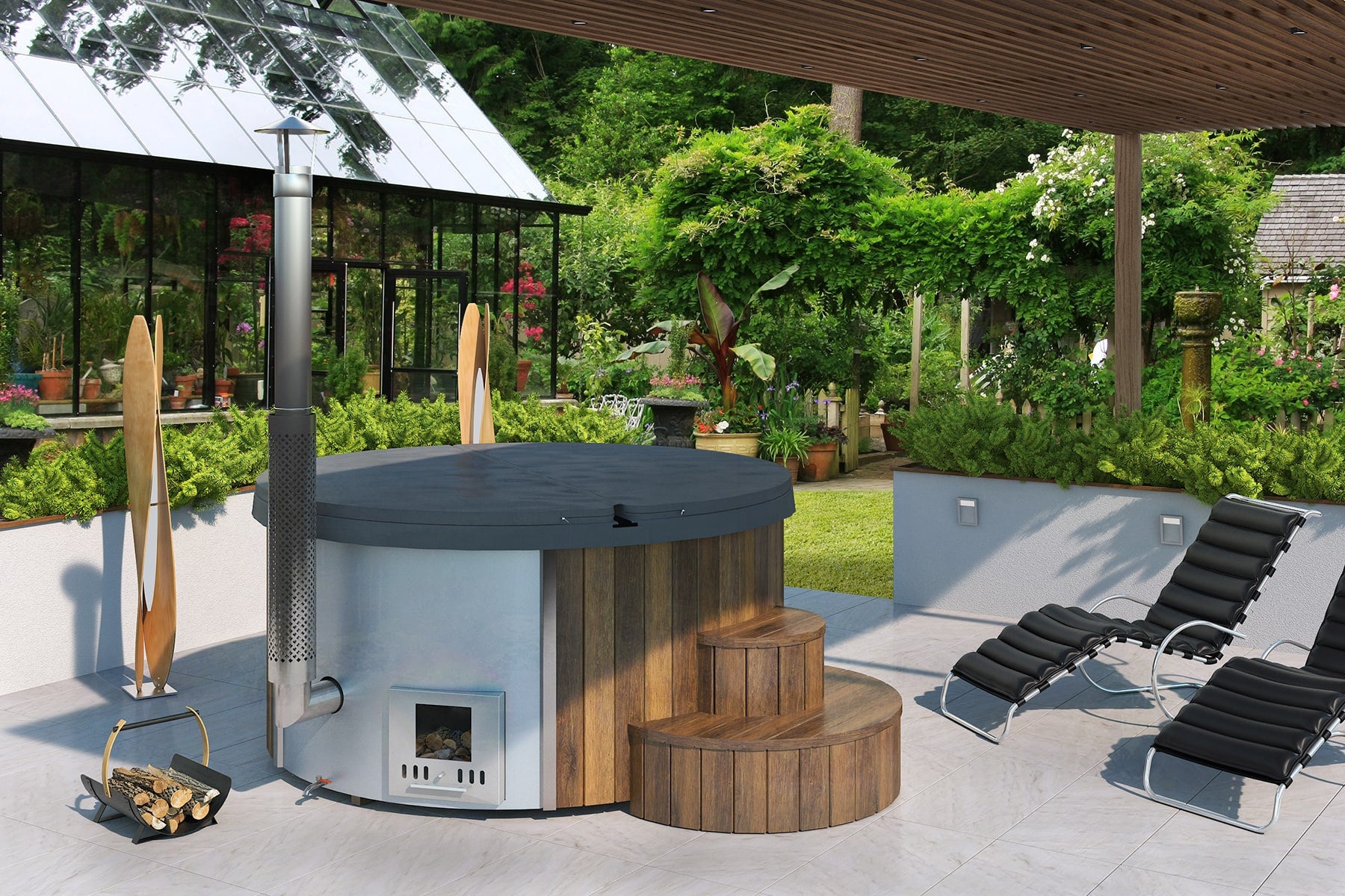 SaunaLife S4N Soak Series 6-Person Wood-Fired Hot Tub, Natural, installed view 4