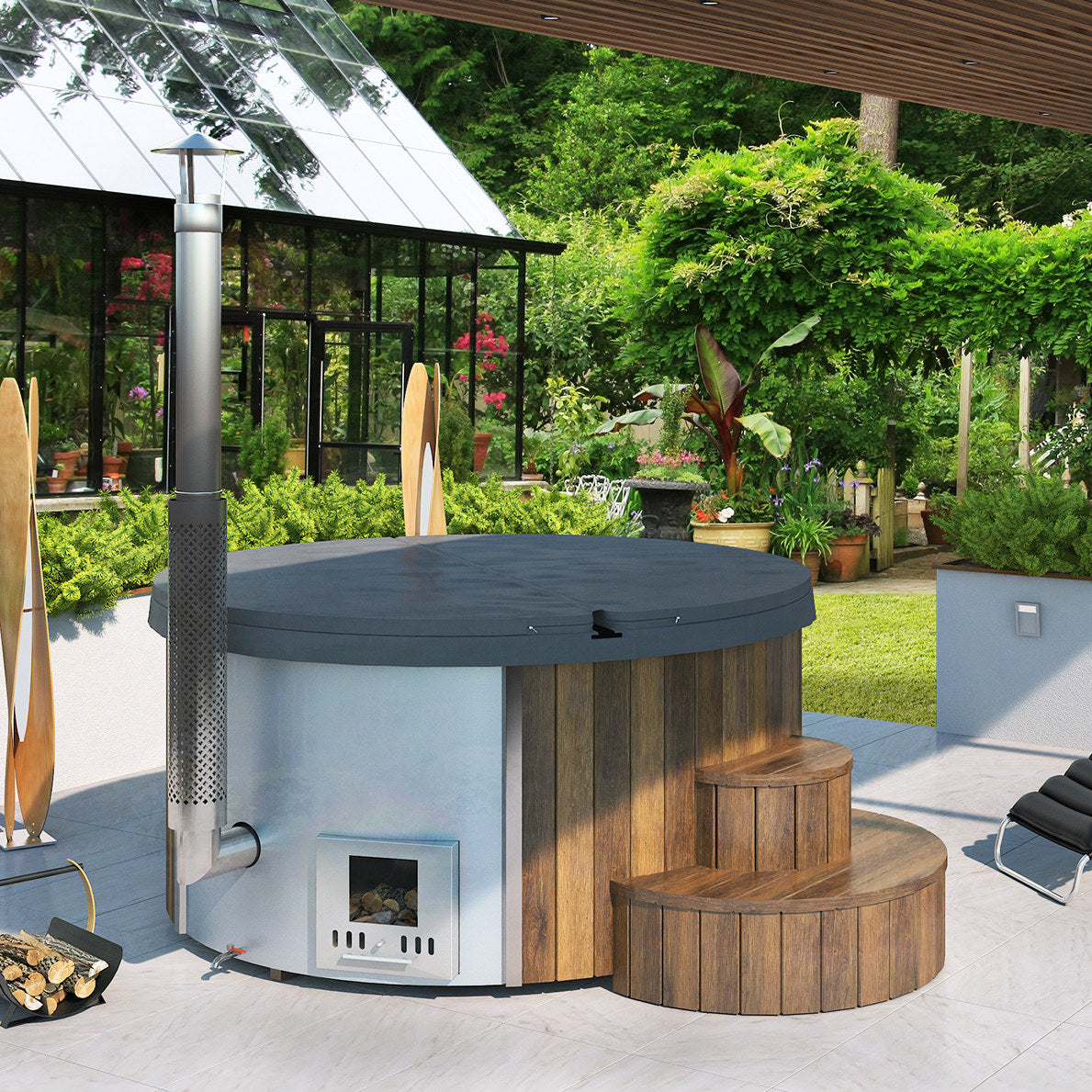 SaunaLife S4N Soak Series 6-Person Wood-Fired Hot Tub, Natural, installed view 5