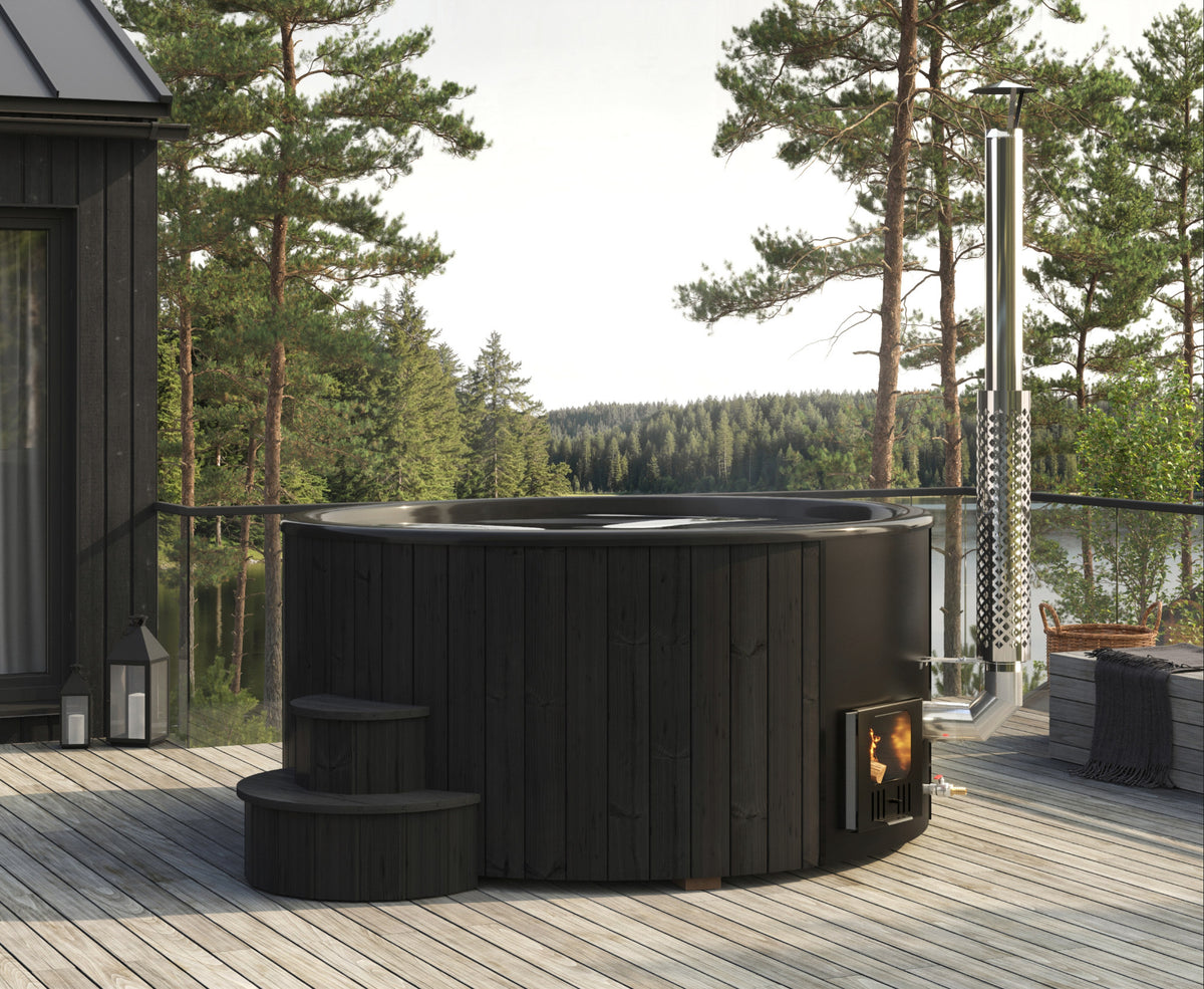 SaunaLife S6B Soak Series 7-Person Wood-Fired Hot Tub, Black, installed view 2