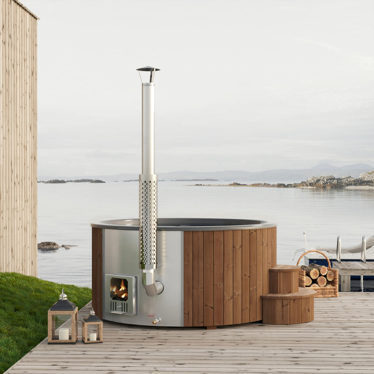 SaunaLife S6N Soak Series 7-Person Wood-Fired Hot Tub, Natural, installed view 2