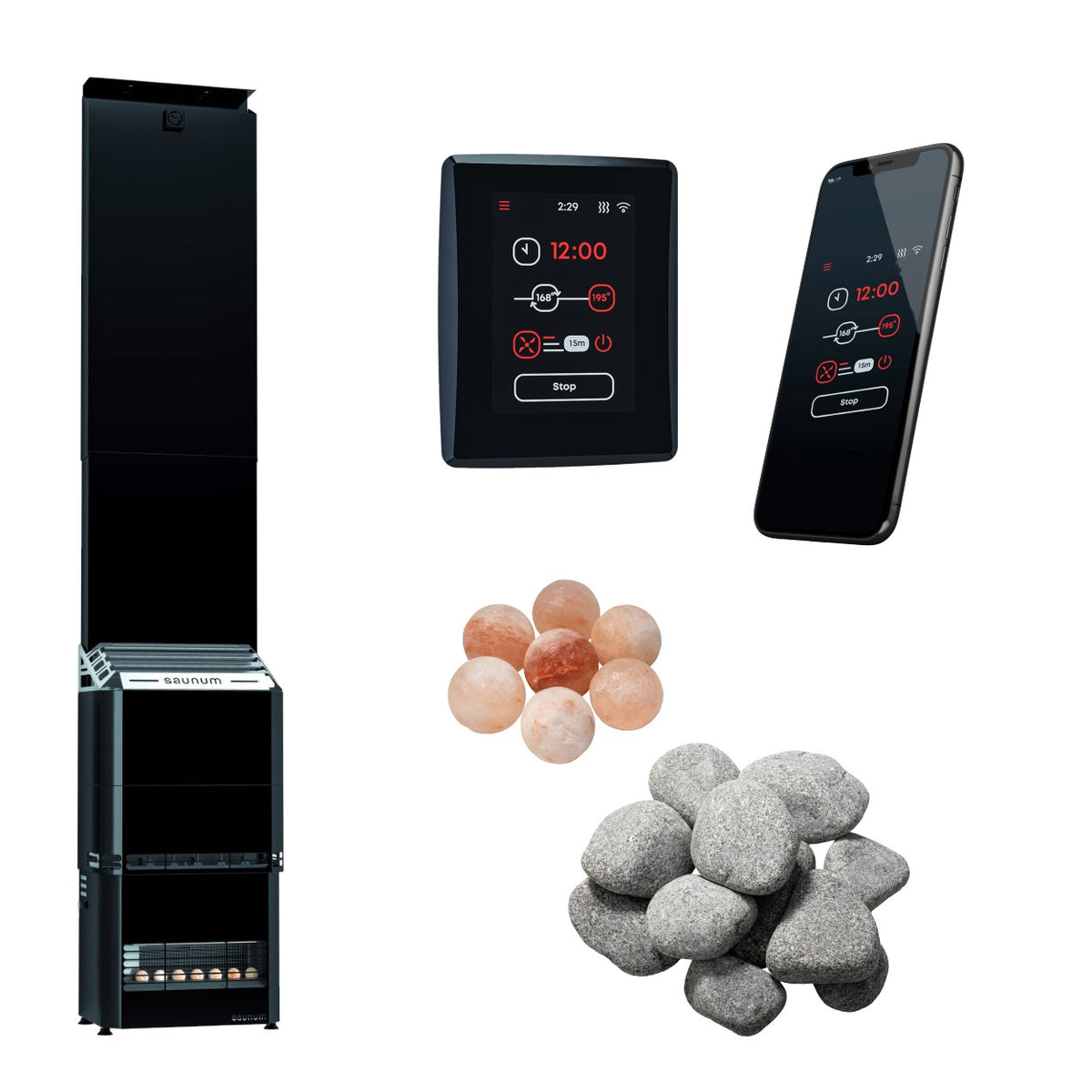 Saunum Air 5 sauna heater package: the heater with the closed black steel basket, the AirIQ Wi-Fi control, the Saunum app on a phone (phone not included), Himalayan salt spheres and sauna stones
