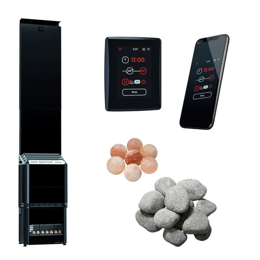 Saunum Air 7 sauna heater package: the heater with the closed black steel basket, the AirIQ Wi-Fi control, the Saunum app on a phone (phone not included), Himalayan salt spheres and sauna stones