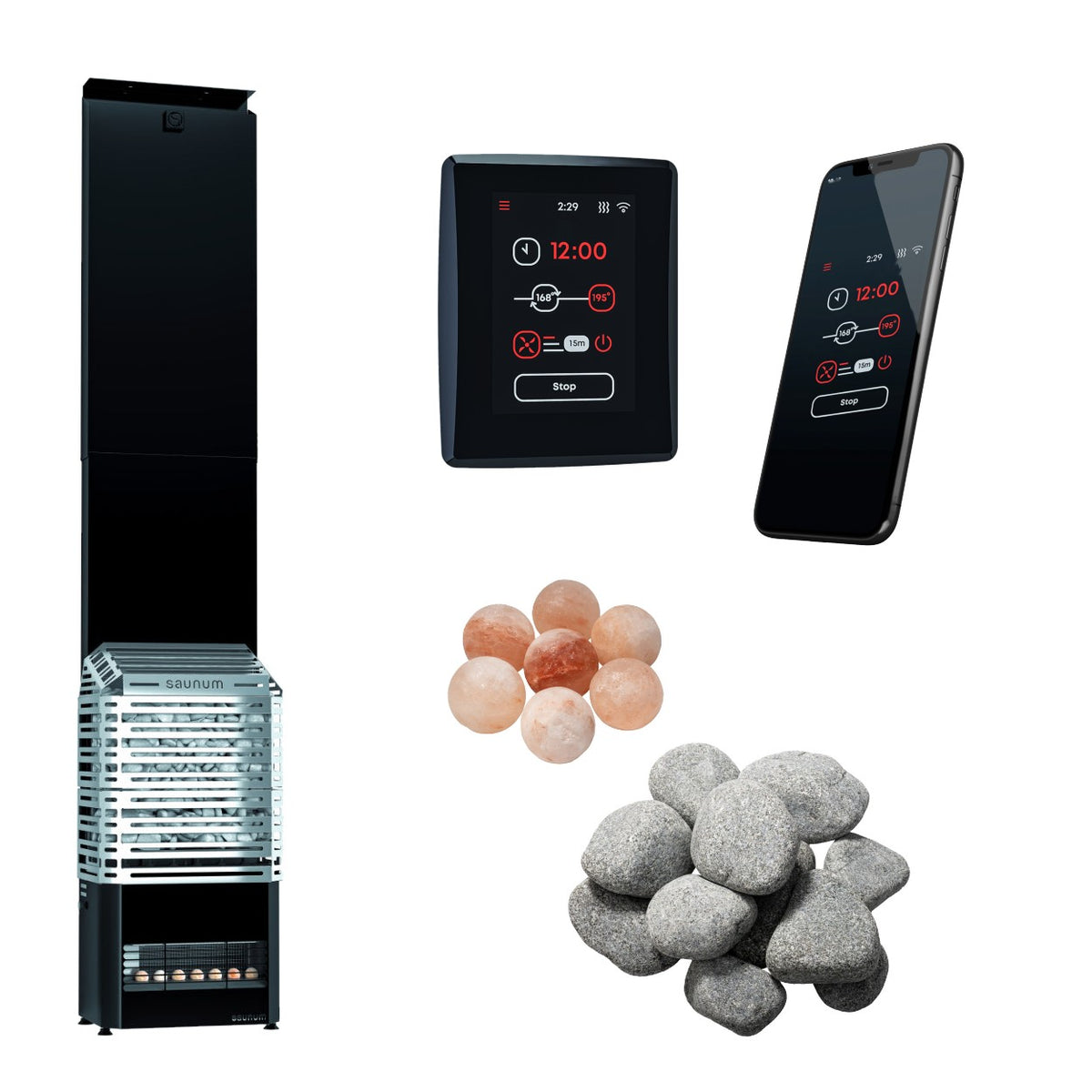 Saunum Air 7 sauna heater package: the heater with the open stainless steel basket, the AirIQ Wi-Fi control, the Saunum app on a phone (phone not included), Himalayan salt spheres and sauna stones