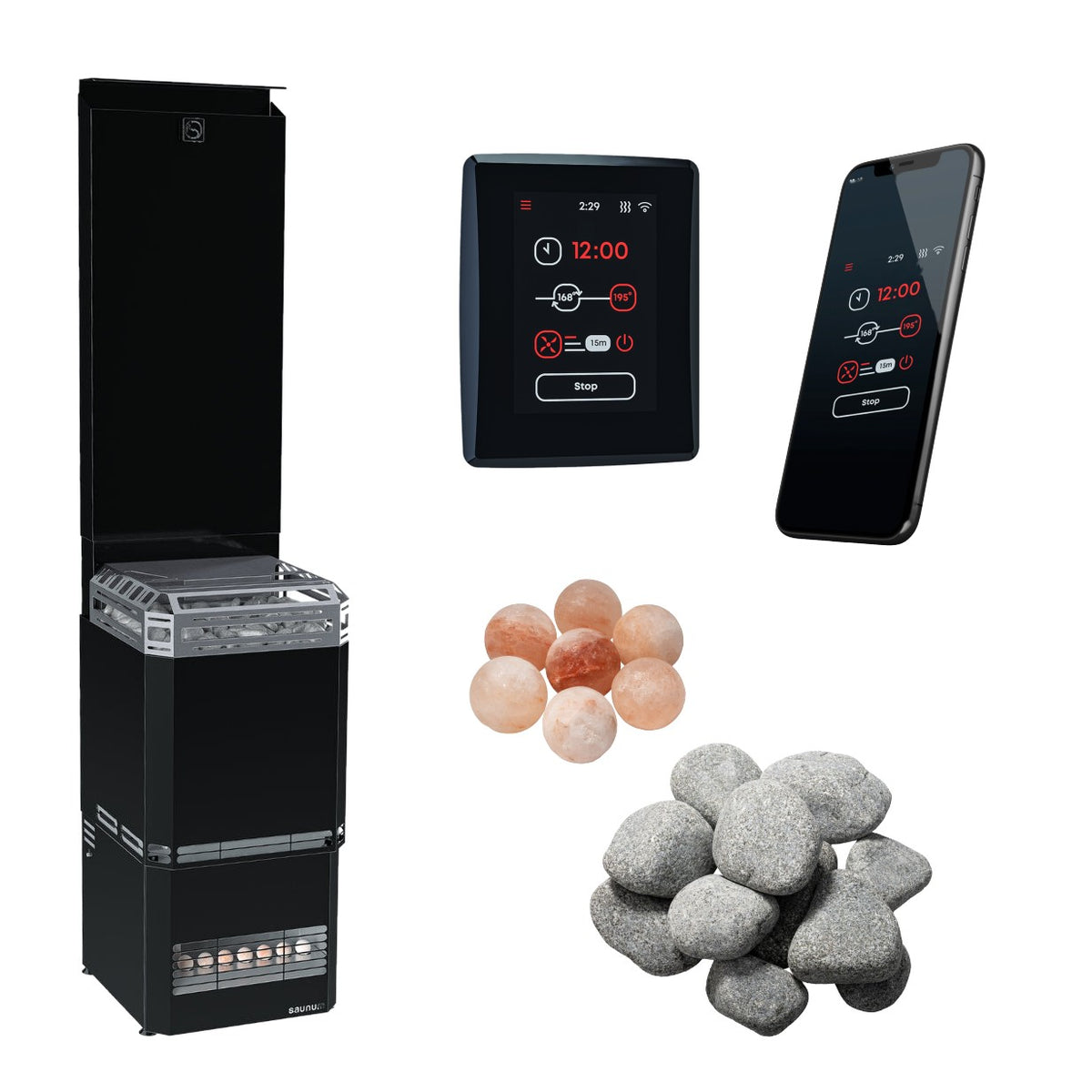 Saunum Air L 13 sauna heater package: the heater with the closed black steel basket, the AirIQ Wi-Fi control, the Saunum app on a phone (phone not included), Himalayan salt spheres and sauna stones