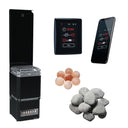 Saunum Air L 15 sauna heater package: the heater with the closed black steel basket, the AirIQ Wi-Fi control, the Saunum app on a phone (phone not included), Himalayan salt spheres and sauna stones