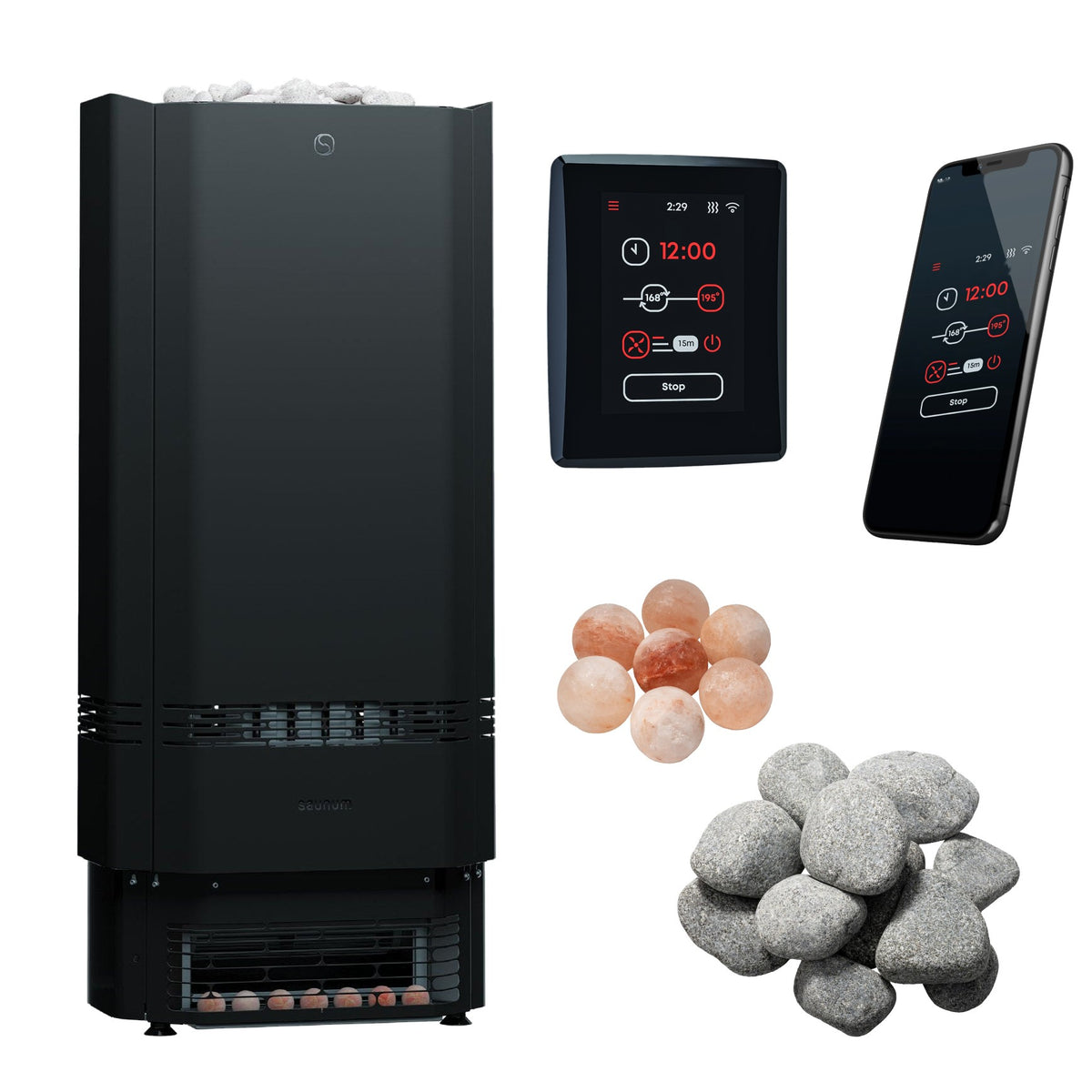 Saunum Air Perfect 10 sauna heater package: the heater, the AirIQ Wi-Fi control, the Saunum app on a phone (phone not included), Himalayan salt spheres and sauna stones