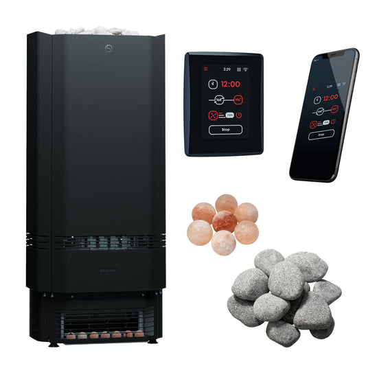 Saunum Air Perfect 10 sauna heater package: the heater, the AirIQ Wi-Fi control, the Saunum app on a phone (phone not included), Himalayan salt spheres and sauna stones