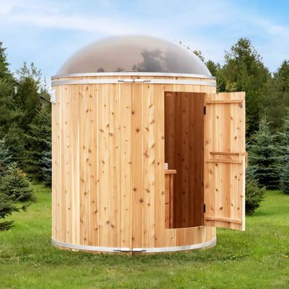 Skylight barrel washroom exterior three-quarter view with its cedar door open on the lawn