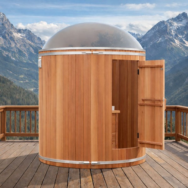 Skylight Washroom and Shower Combo on a mountain deck with the door open, shown in clear red cedar, which is a paid upgrade.