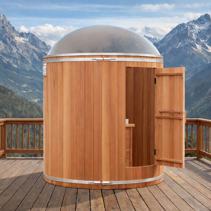 Skylight Washroom and Shower Combo on a mountain deck with the door open, shown in clear red cedar, which is a paid upgrade.