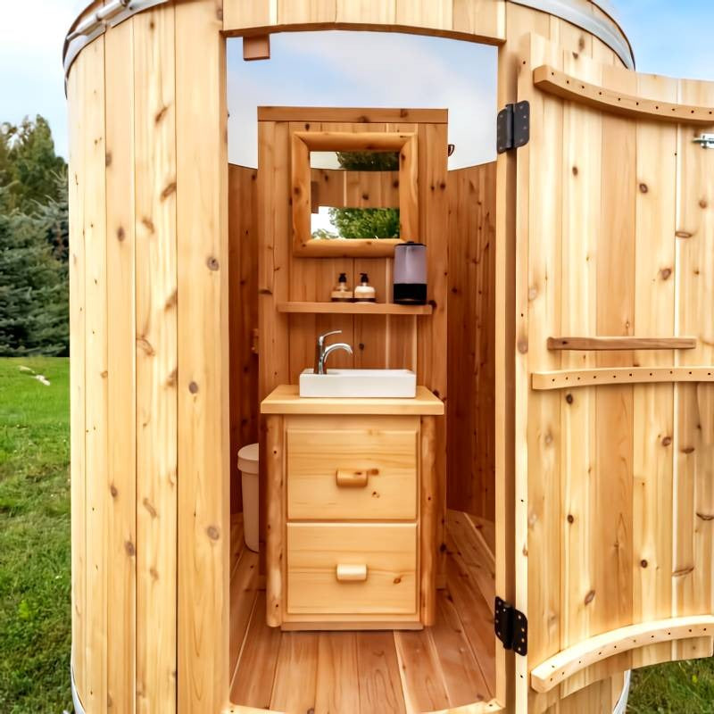 Through the open Skylight door: the optional pine vanity with vessel sink, the optional mirror and shelf, cedar walls and floor.