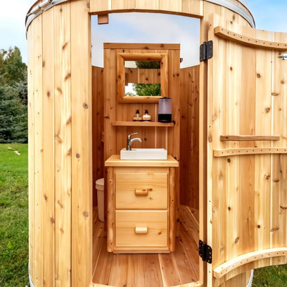 Through the open Skylight door: the optional pine vanity with vessel sink, the optional mirror and shelf, cedar walls and floor.