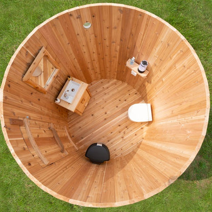 Top view of the Skylight with the optional Separett toilet, vanity, mirror and shelf fitted, and no partition wall dividing the circle.