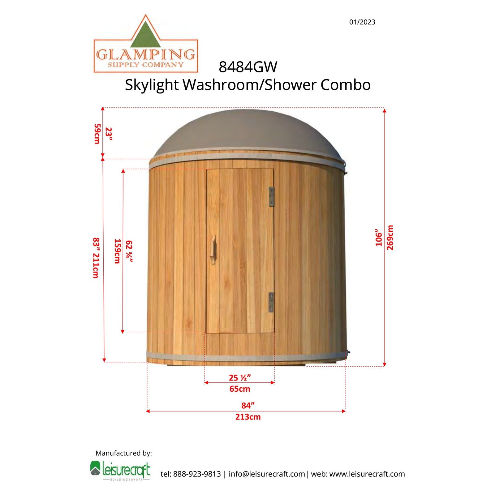 Elevation drawing of the Skylight Washroom and Shower Combo: 106 inches total height, 84 inches wide, 25-1/2 by 62-3/4 inch door