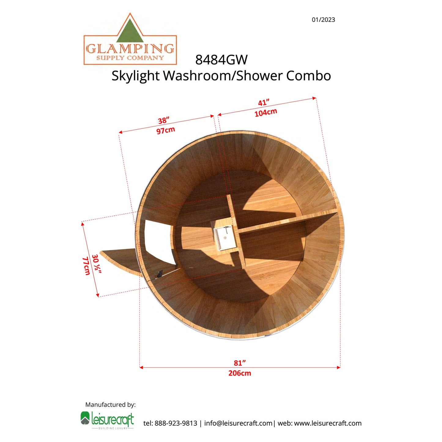 Plan drawing of the Skylight interior: 81 inch diameter split into a 38 inch shower side and 41 inch washroom side