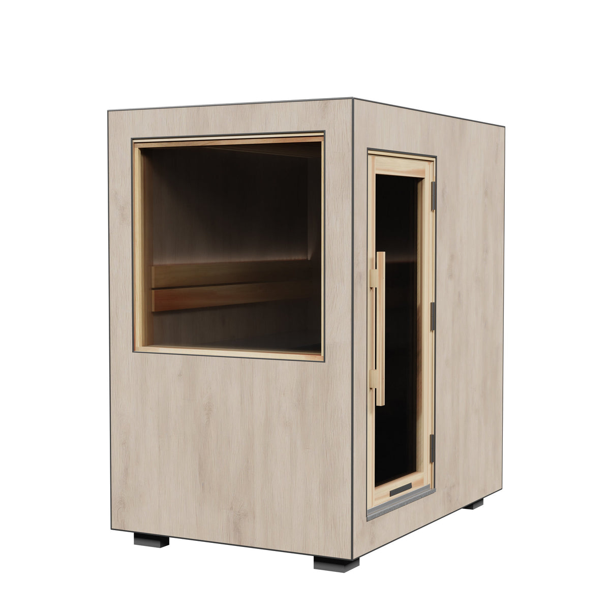 ThermaSol Solaris solar powered sauna cabin, three quarter studio view on a plain background