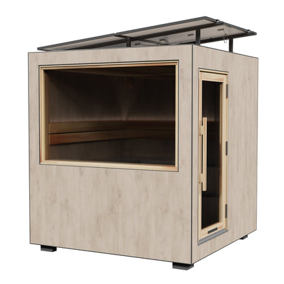 ThermaSol Solaris solar powered sauna cabin, three quarter studio view with the solar roof
