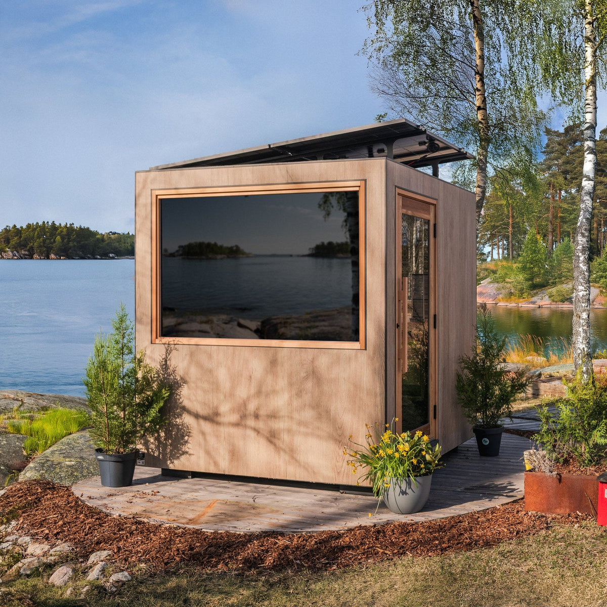 ThermaSol Solaris solar powered sauna cabin on a lakeside deck